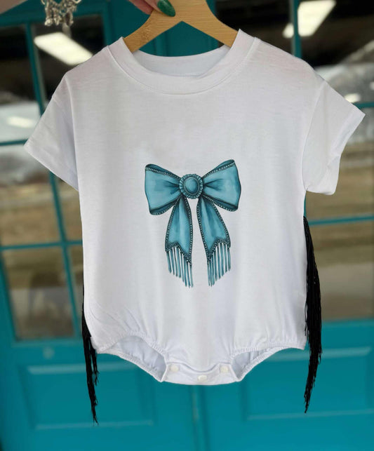 Baby Infant Girls Western Turquoise Bow Fringe Rompers preorder