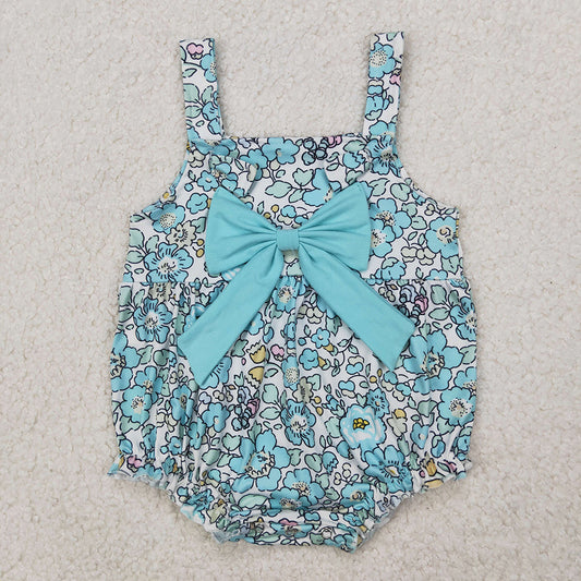Baby Infant Girls Blue Flowers Big Bow Rompers