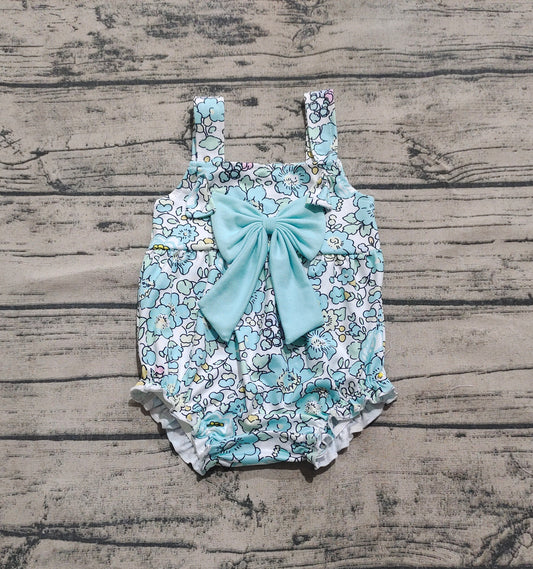 Baby Infant Girls Blue Flowers Big Bow Rompers