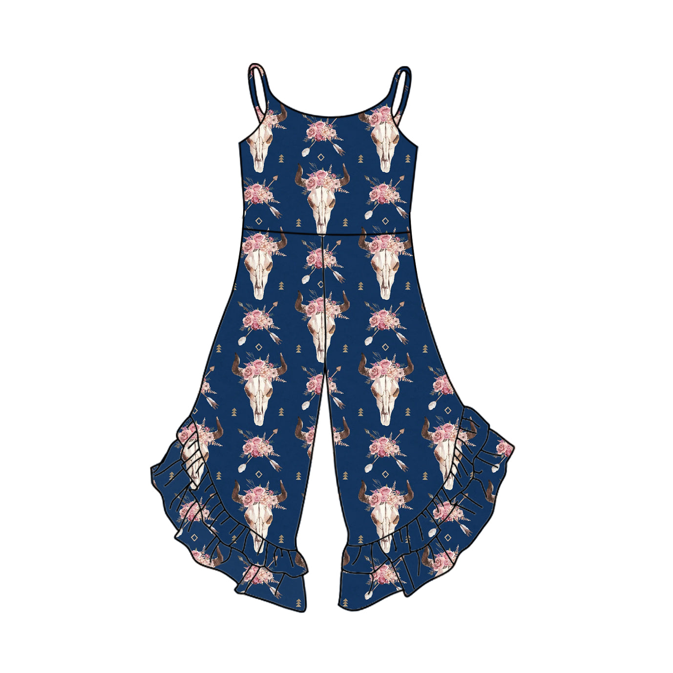 Baby Girls Western Cow Skull Flowers Straps Jumpsuits preorder