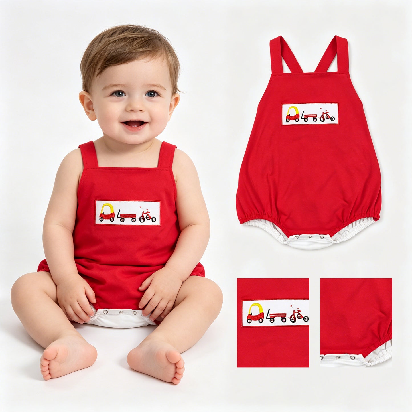 Embroidery Cars Bicycle Baby Boys Strap Rompers
