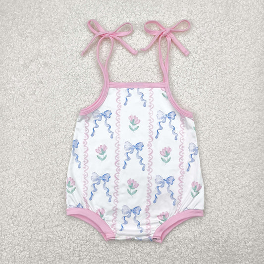 Baby Infant Girls Blue Bows Flowers Straps Rompers