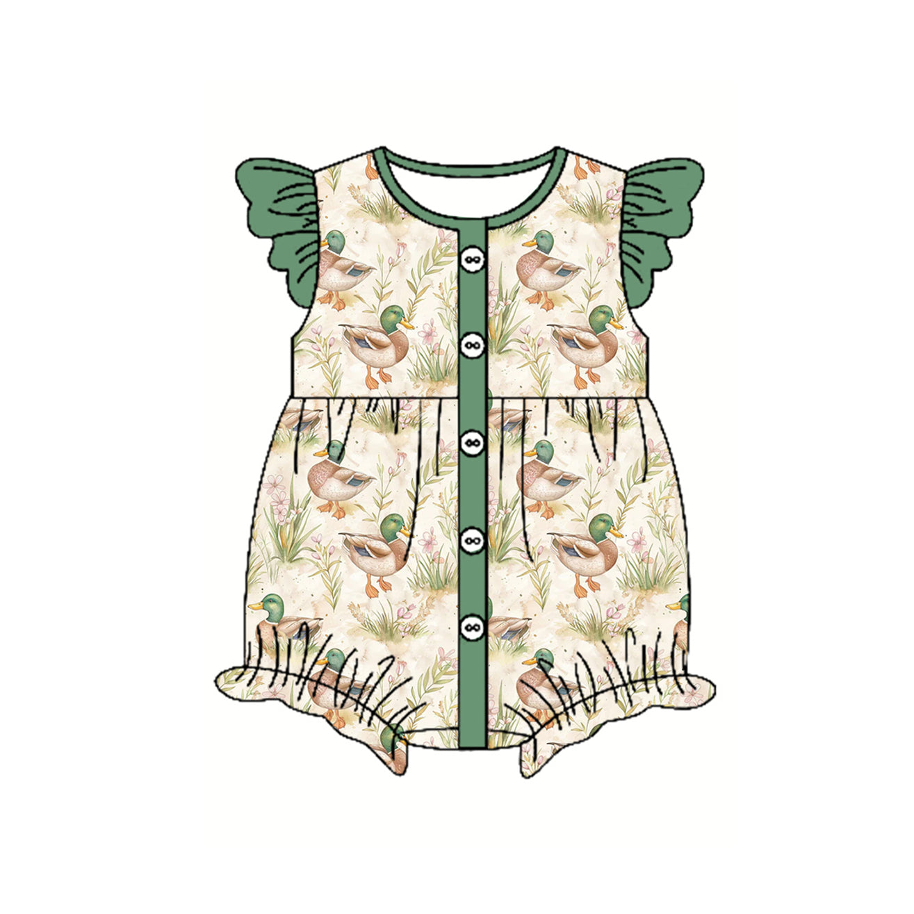 Baby Infant Girls Ducks Mallard Flowers Ruffles Rompers preorder