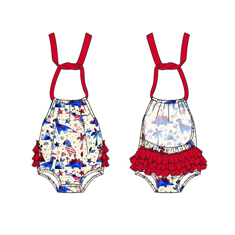Baby Infant Girls 4th Of July Dinosaur Halter Ruffles Rompers preorder