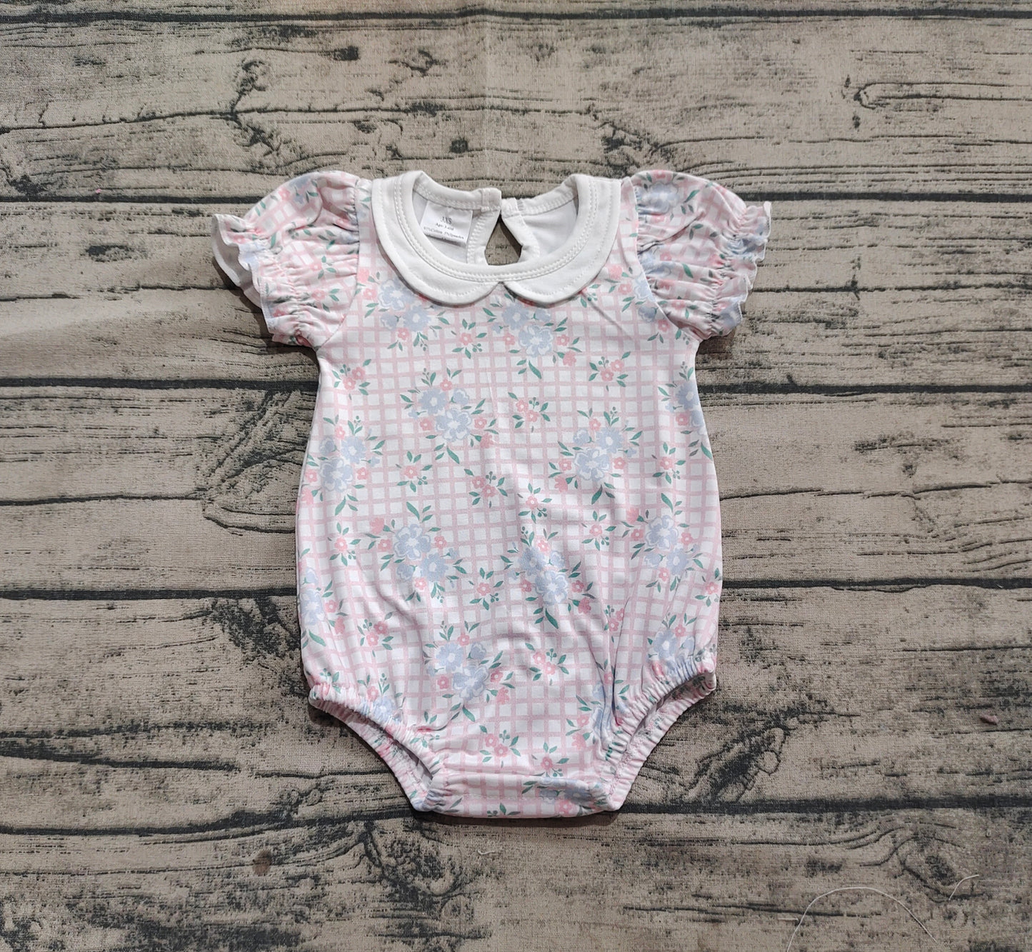 Baby Infant Girls Pink Checkered Flowers Short Sleeve Rompers