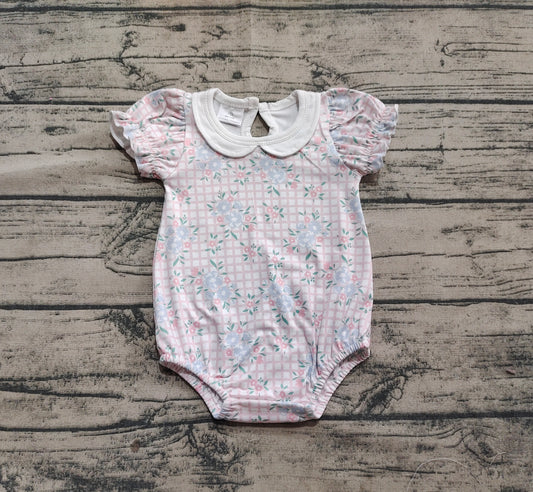 Baby Infant Girls Pink Checkered Flowers Short Sleeve Rompers