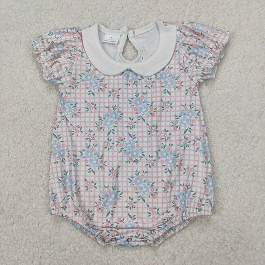 Baby Infant Girls Pink Checkered Flowers Short Sleeve Rompers