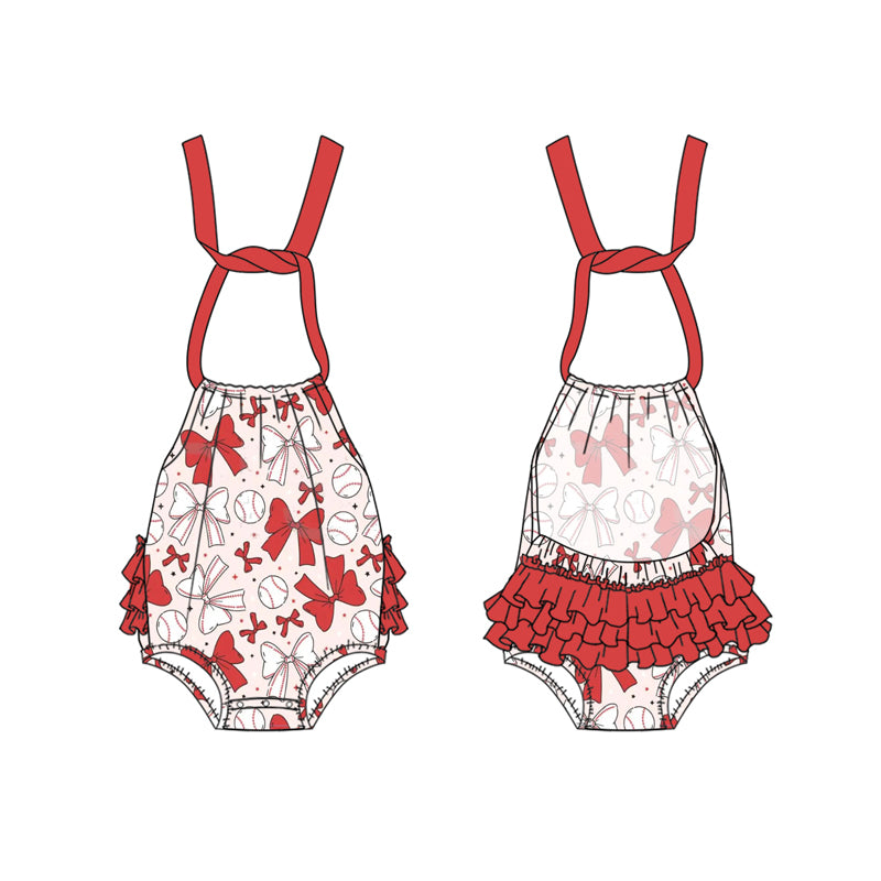 Baby Infant Girls Red Bows Baseball Halter Rompers preorder