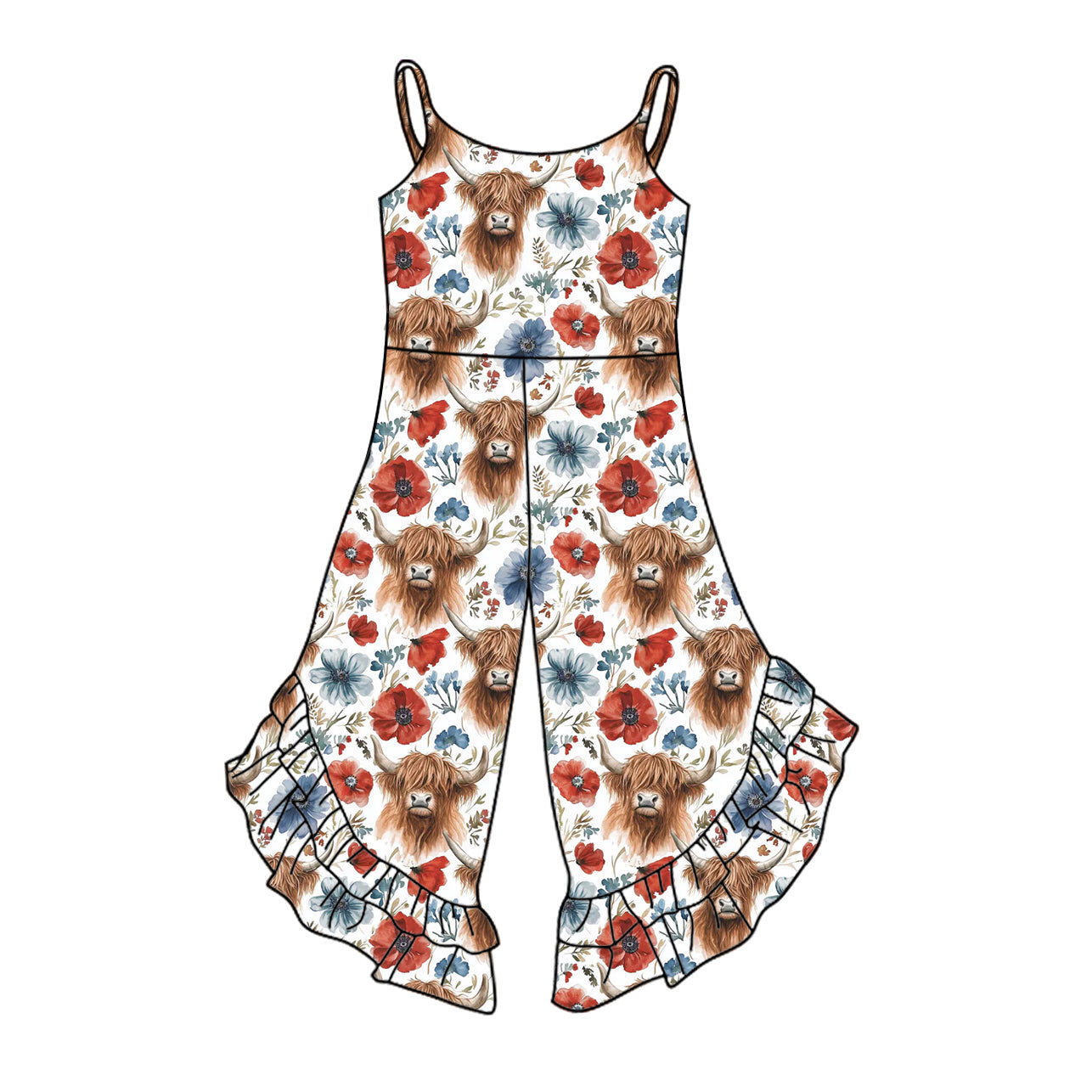 Baby Girls 4th Of July Highland Cow Flowers Straps Jumpsuits preorder