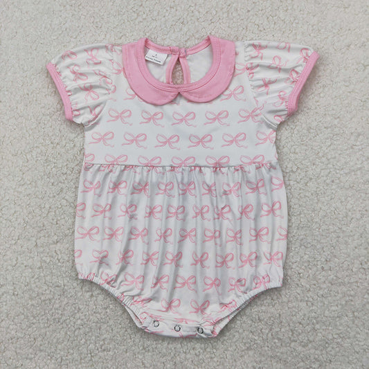 Baby Infant Girls Pink Short Sleeve Bows Doll Collar Rompers