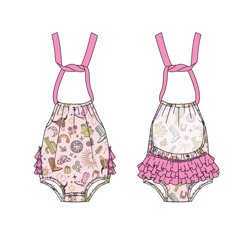 Baby Infant Girls Pink Strap Cactus Boots Backless Bubble Rompers Preorder