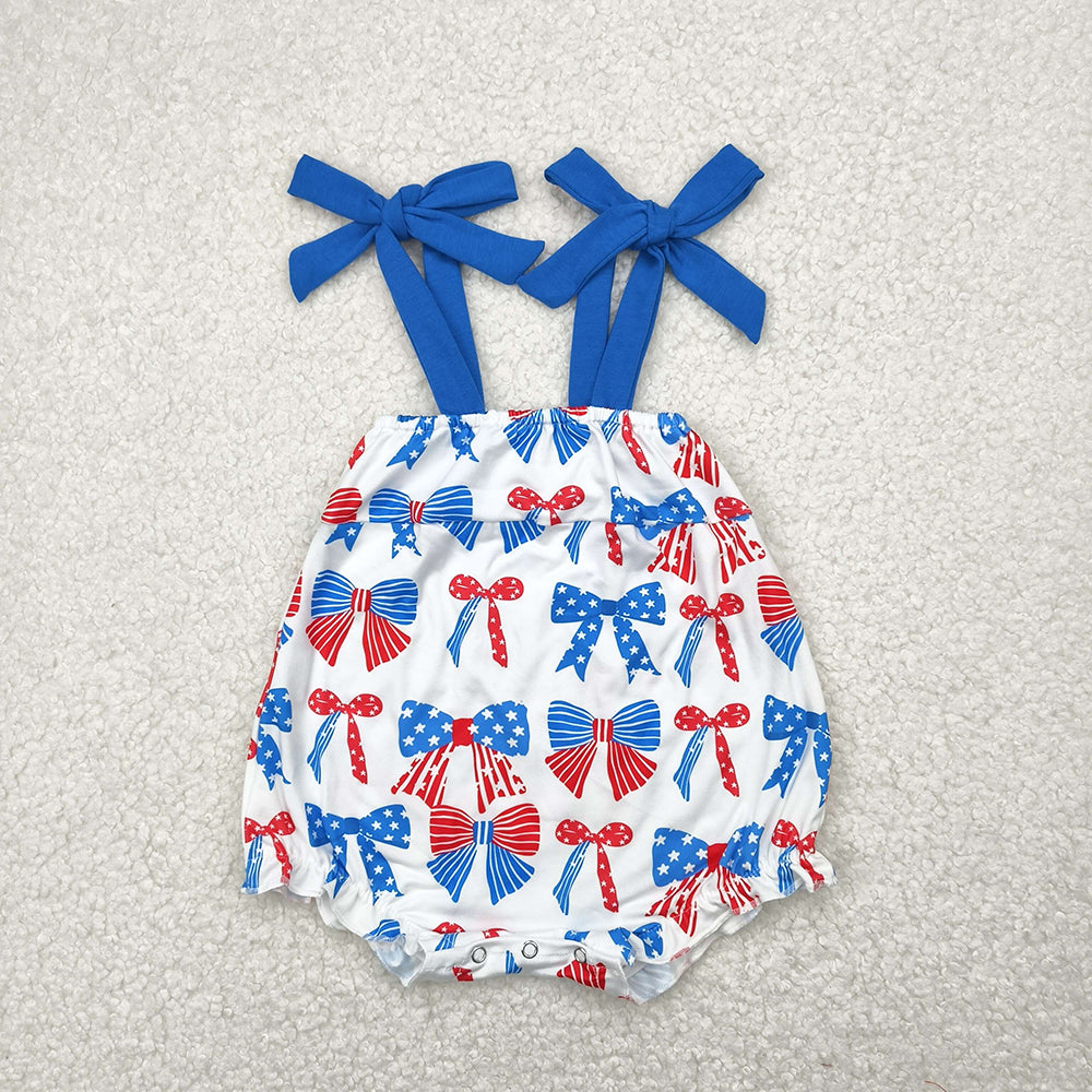Baby Infant Girls Blue Strap Red Bows Stars 4th Of July Rompers
