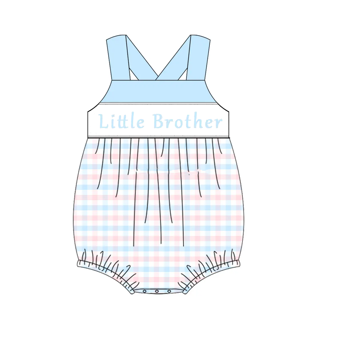 Preorder moq 5 Baby Infant Boys Light Blue Strap Little Brother Plaid Rompers