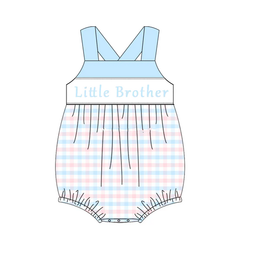 Preorder moq 5 Baby Infant Boys Light Blue Strap Little Brother Plaid Rompers