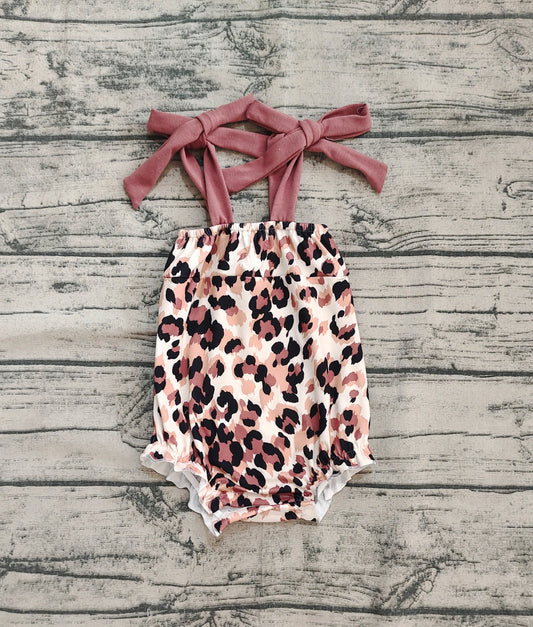 Baby Infant Girls Dark Brown Bows Strap Leopard Rompers