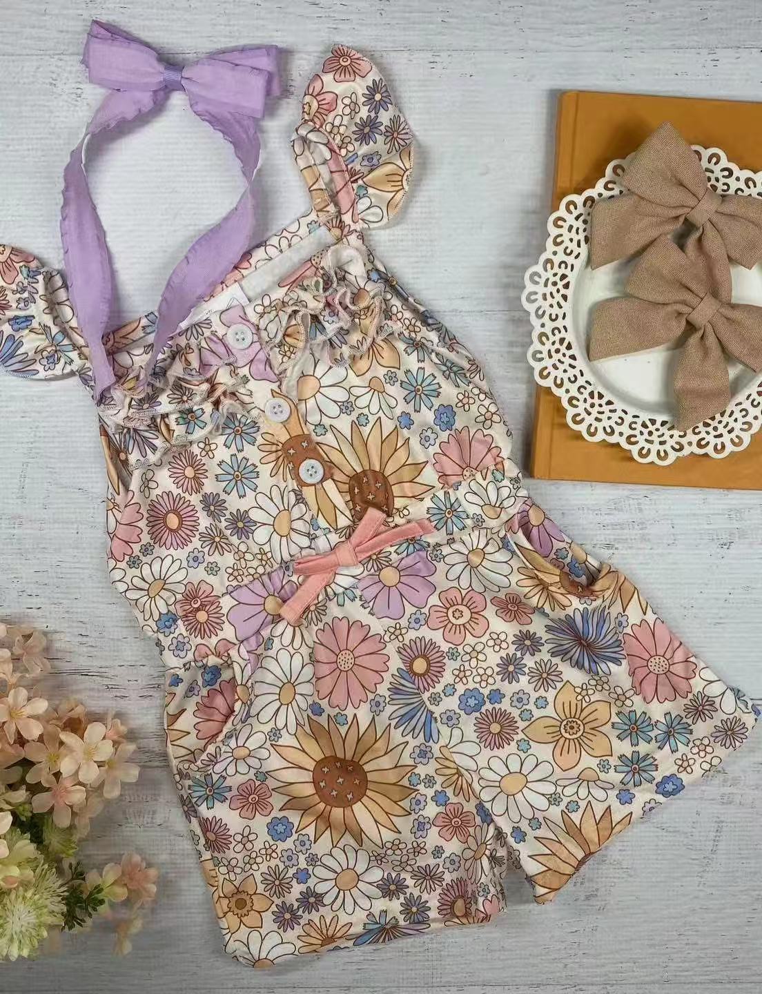 Baby Girls Flutter Sleeves Floral Button Pockets Jumpsuits Preorder