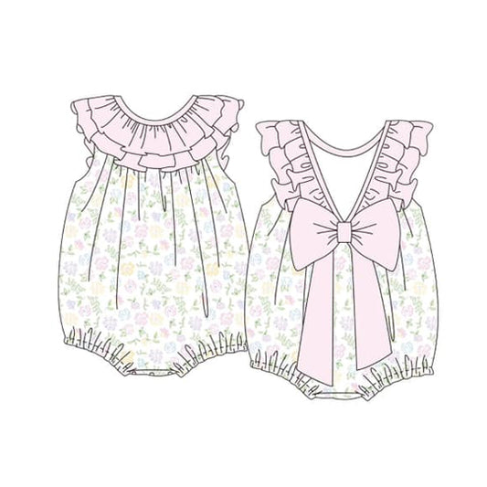 Preorder moq 5 Baby Infant Girls Pink Sleeveless Floral Backless Bows Rompers