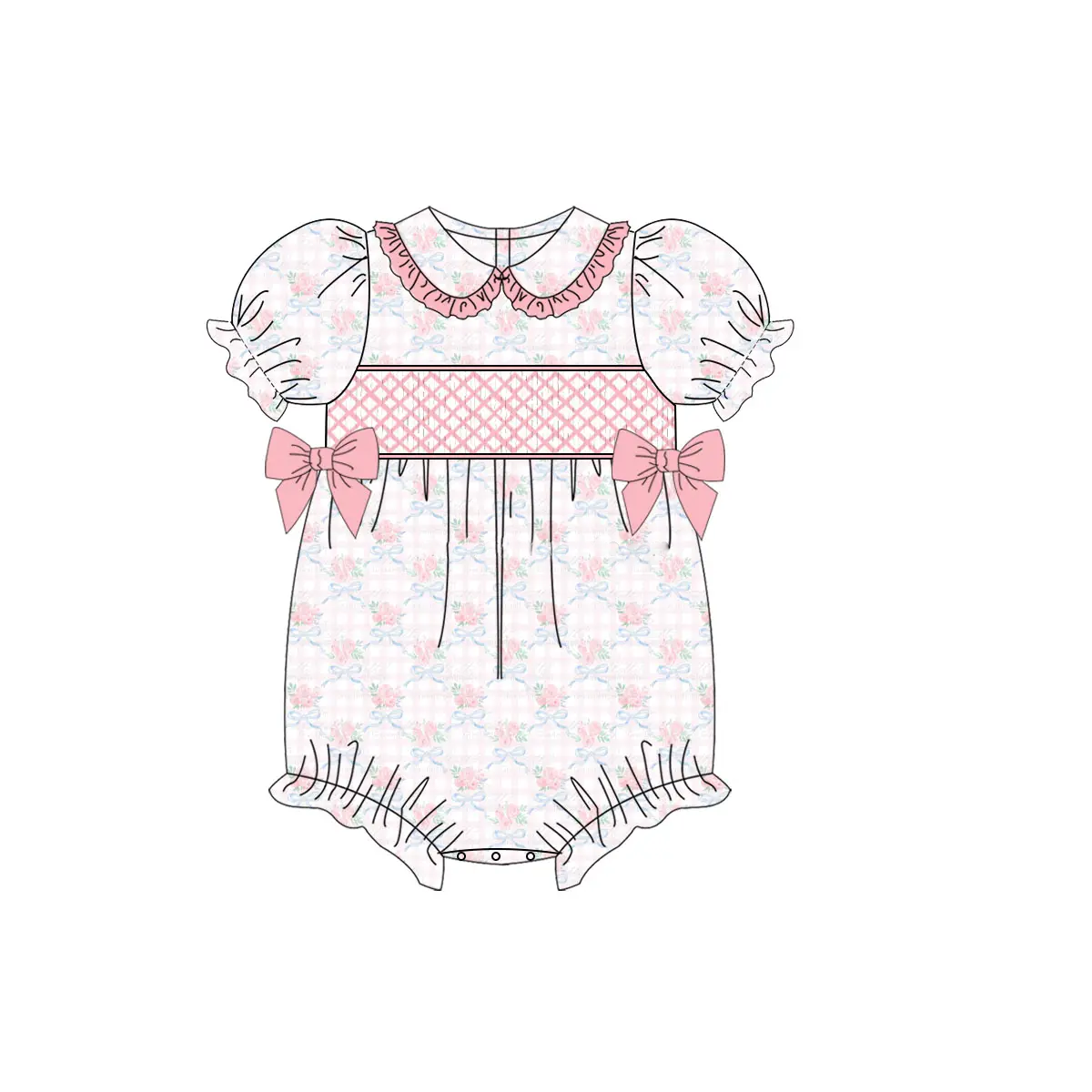 Embroidery Baby Infant Girls Pink Short Ruffle Sleeves Floral Bows Rompers