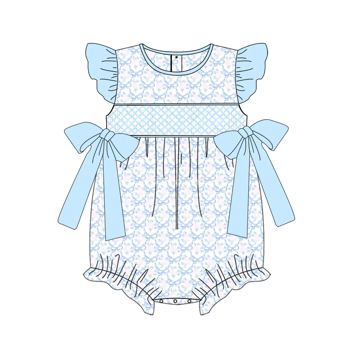 Baby Infant Girls Blue Flutter Sleeves Floral Bows Top Rompers Preorder