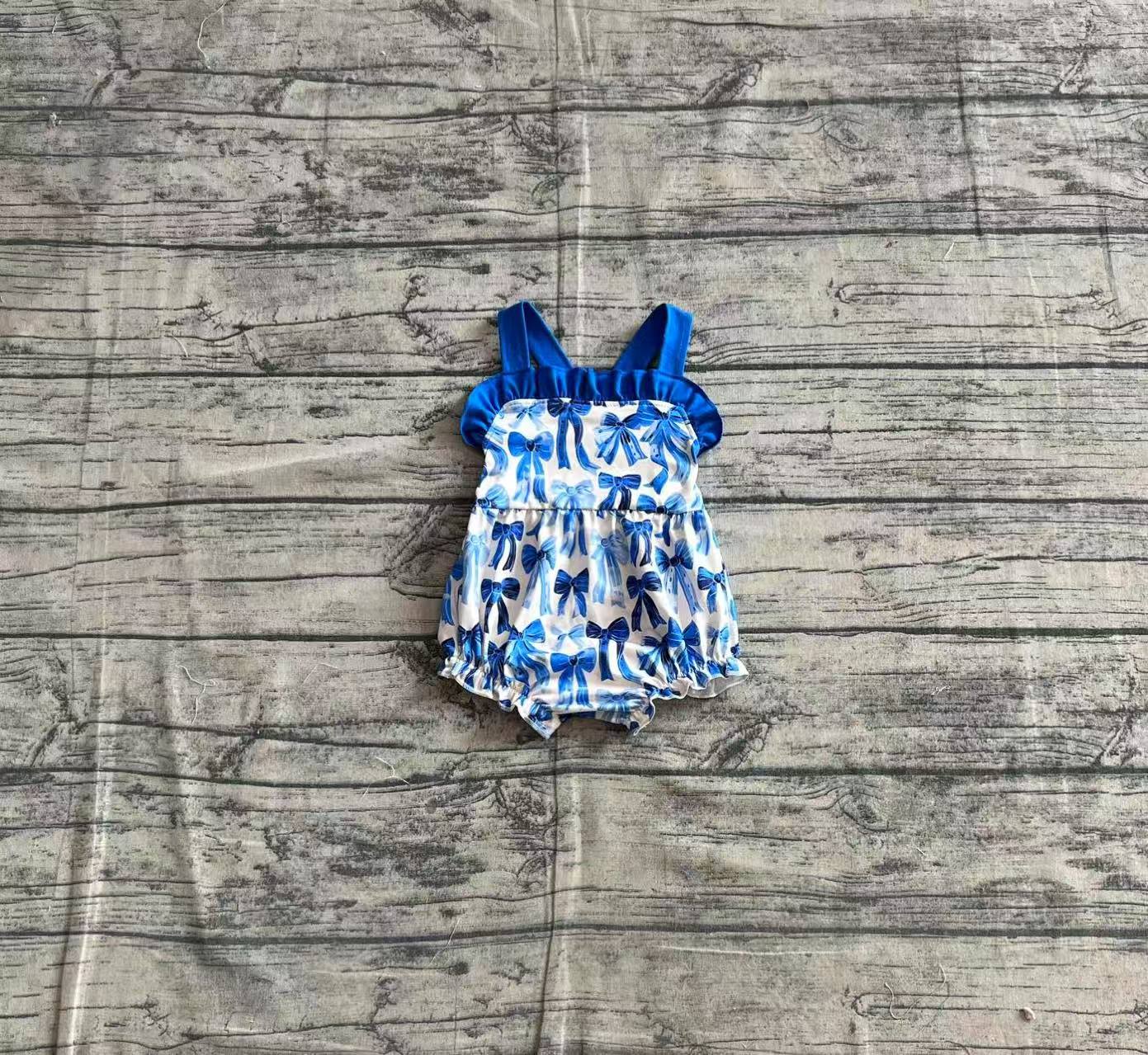 Baby Infant Girls Blue Strap Bows Ruffle Rompers