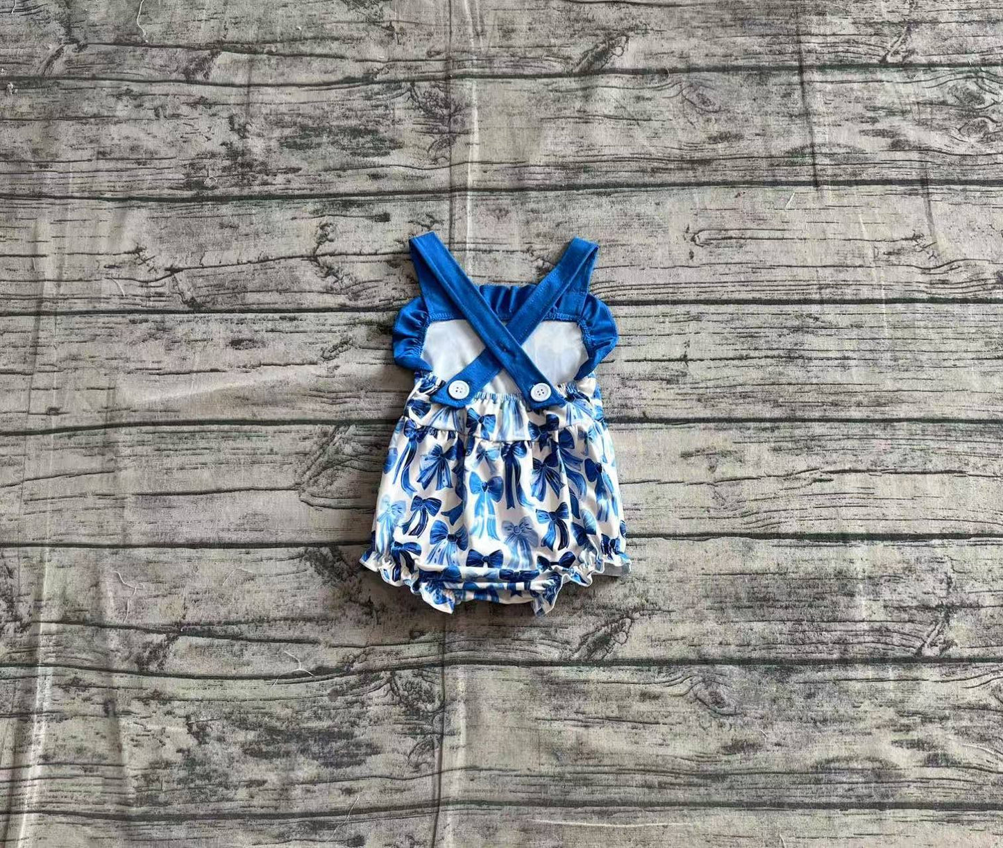 Baby Infant Girls Blue Strap Bows Ruffle Rompers