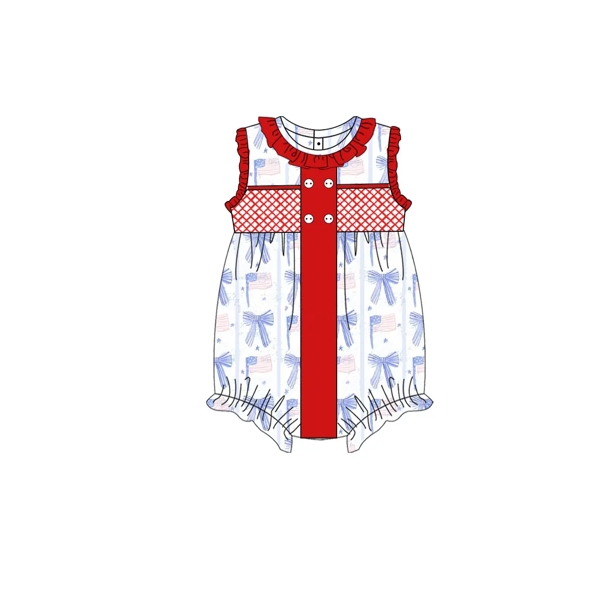 Baby Infant Girls Red Sleeveless Button Blue Bows Flags 4th Of July Rompers Preorder