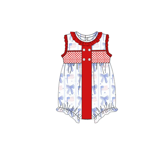 Baby Infant Girls Red Sleeveless Button Blue Bows Flags 4th Of July Rompers Preorder