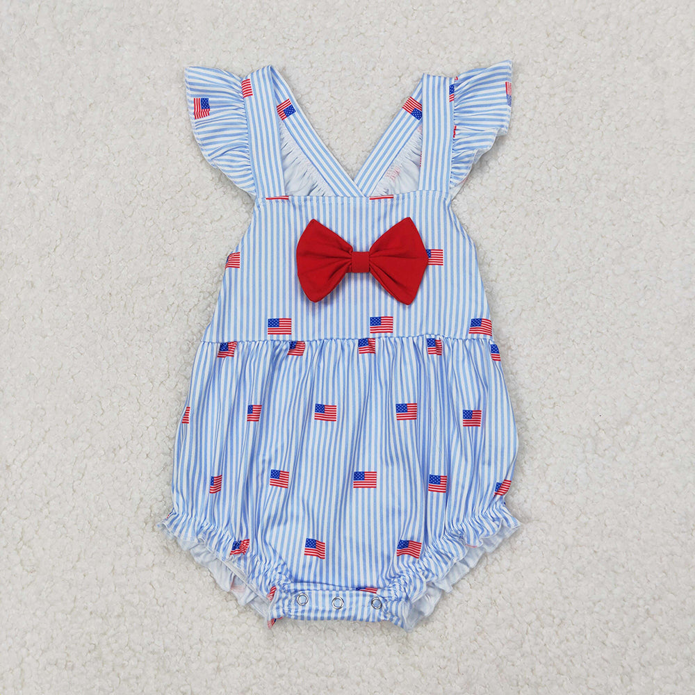 Sibling Embroidery Baby Girls Red Flags 4th of July Bows Rompers Outfits Sets