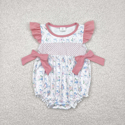 Embroidery Baby Infant Girls Pink Flutter Sleeves Floral Bows Top Ruffle Rompers