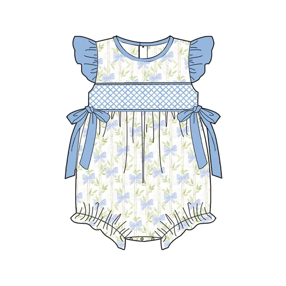 Baby Infant Girls Blue Flutter Sleeves Bamboo Bows Top Ruffle Rompers Preorder