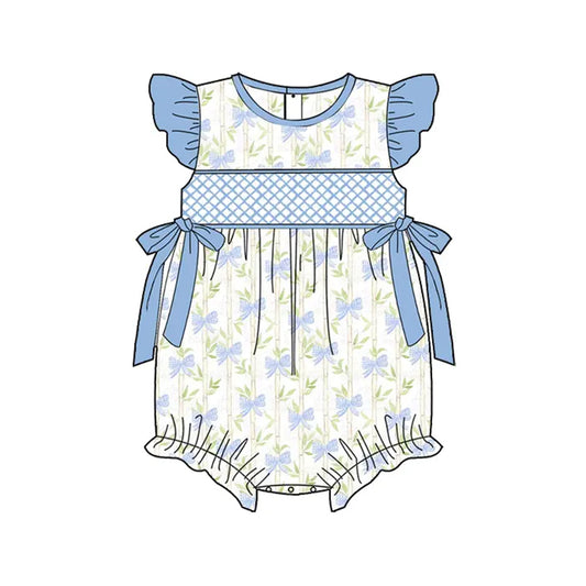 Baby Infant Girls Blue Flutter Sleeves Bamboo Bows Top Ruffle Rompers Preorder