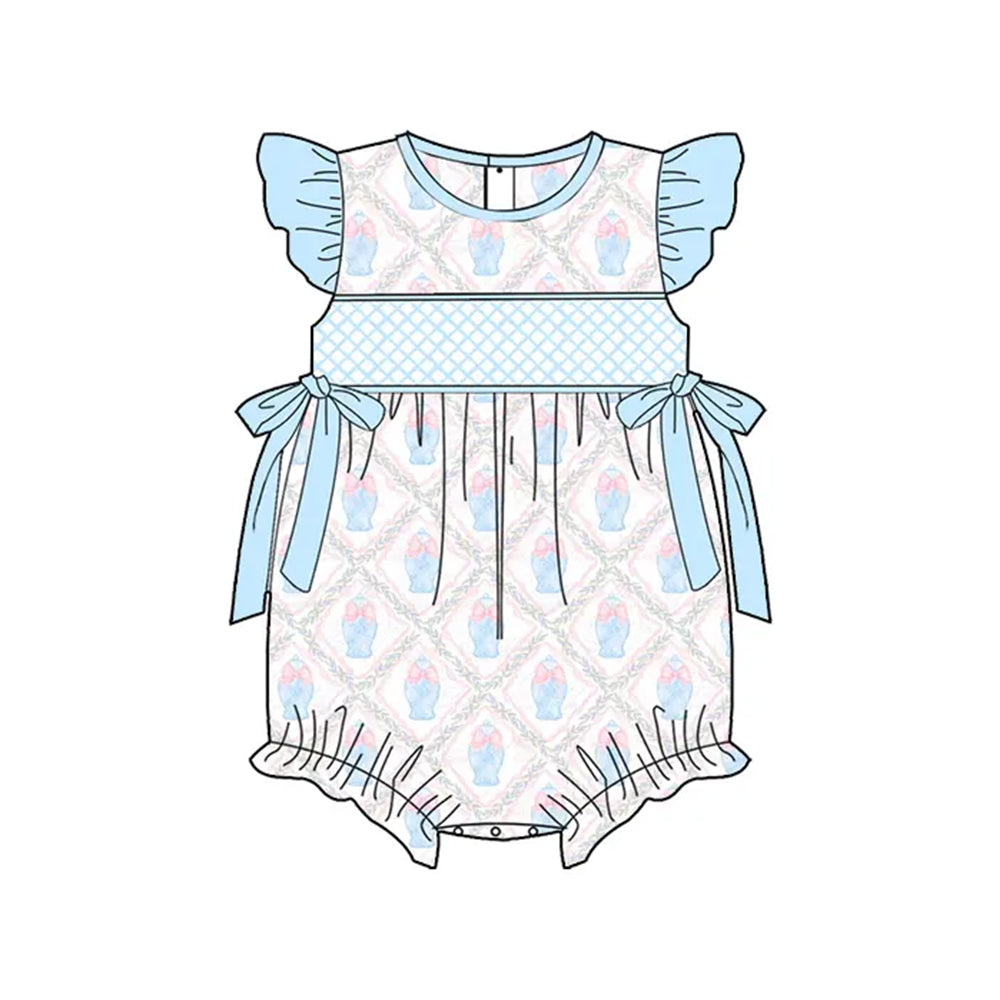 Baby Infant Girls Light Blue Flutter Sleeves Floral Bows Top Ruffle Rompers Preorder