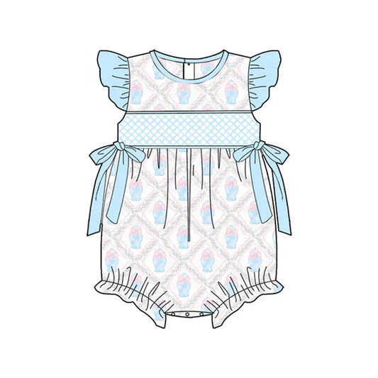 Baby Infant Girls Light Blue Flutter Sleeves Floral Bows Top Ruffle Rompers Preorder