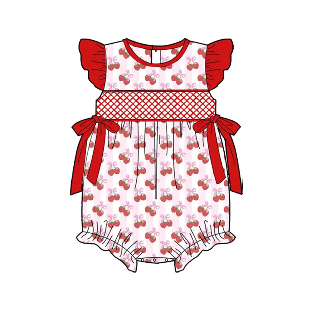 Baby Infant Girls Red Flutter Sleeves Strawberry Stripe Bows Top Ruffle Rompers Preorder