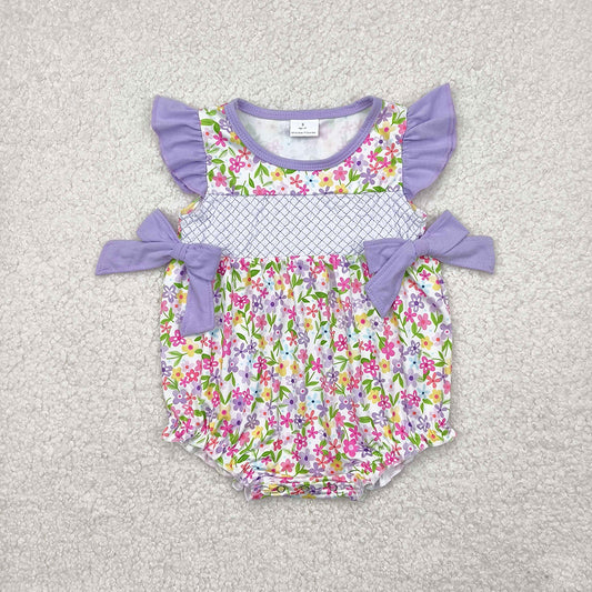Embroidery Baby Infant Girls Lavender Flutter Sleeves Floral Bows Top Ruffle Rompers