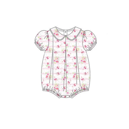 Baby Infant Girls Short Ruffle Sleeves Pink Stripe Floral Ruffle Rompers Preorder