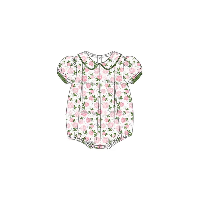 Baby Infant Girls Short Ruffle Sleeves Pink Floral Ruffle Rompers Preorder