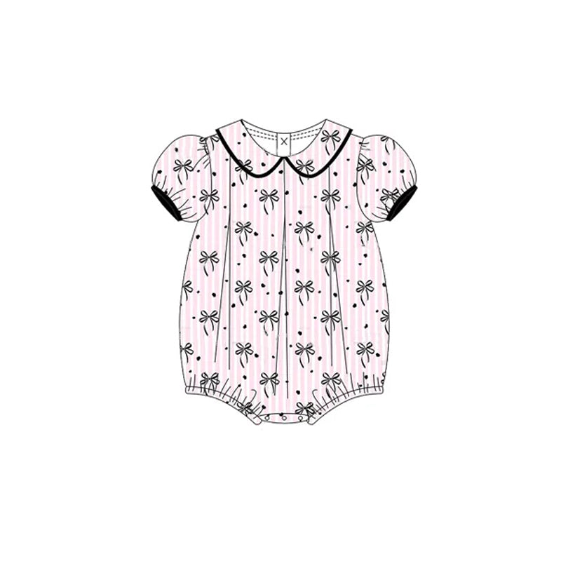Baby Infant Girls Short Ruffle Sleeves Pink Stripe Black Bows Ruffle Rompers Preorder