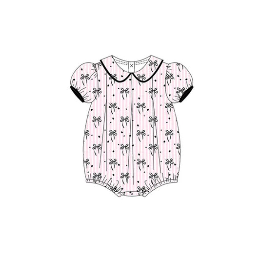 Baby Infant Girls Short Ruffle Sleeves Pink Stripe Black Bows Ruffle Rompers Preorder