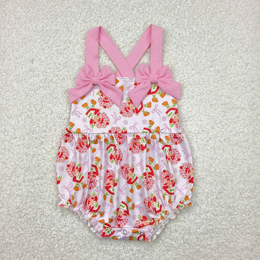 Baby Infant Girls Pink Bows Strap Bows Strawberry Ruffle Rompers