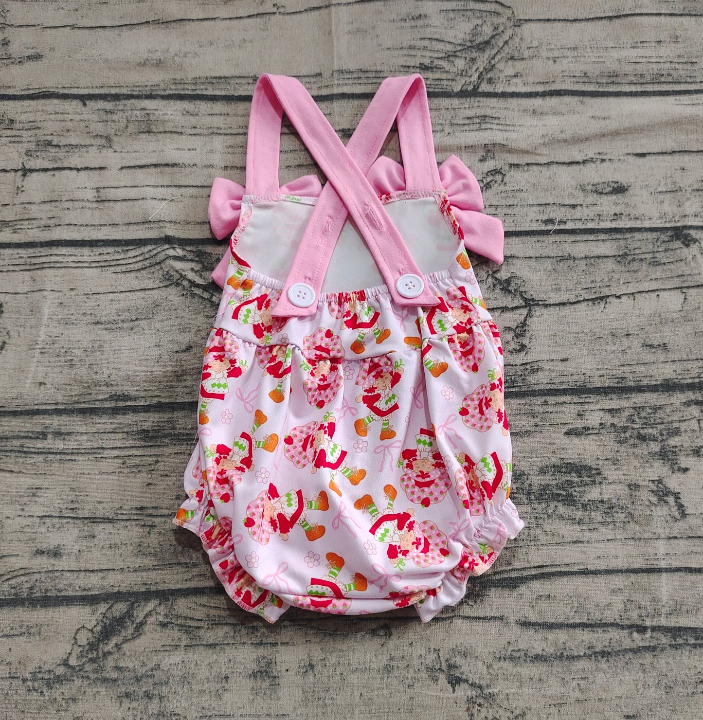 Baby Infant Girls Pink Bows Strap Bows Strawberry Ruffle Rompers