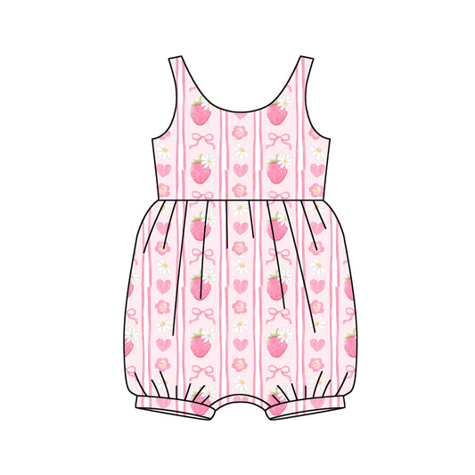 Baby Infant Girls Pink Sleeveless Bows Strawberry Stripe Ruffle Rompers Preorder