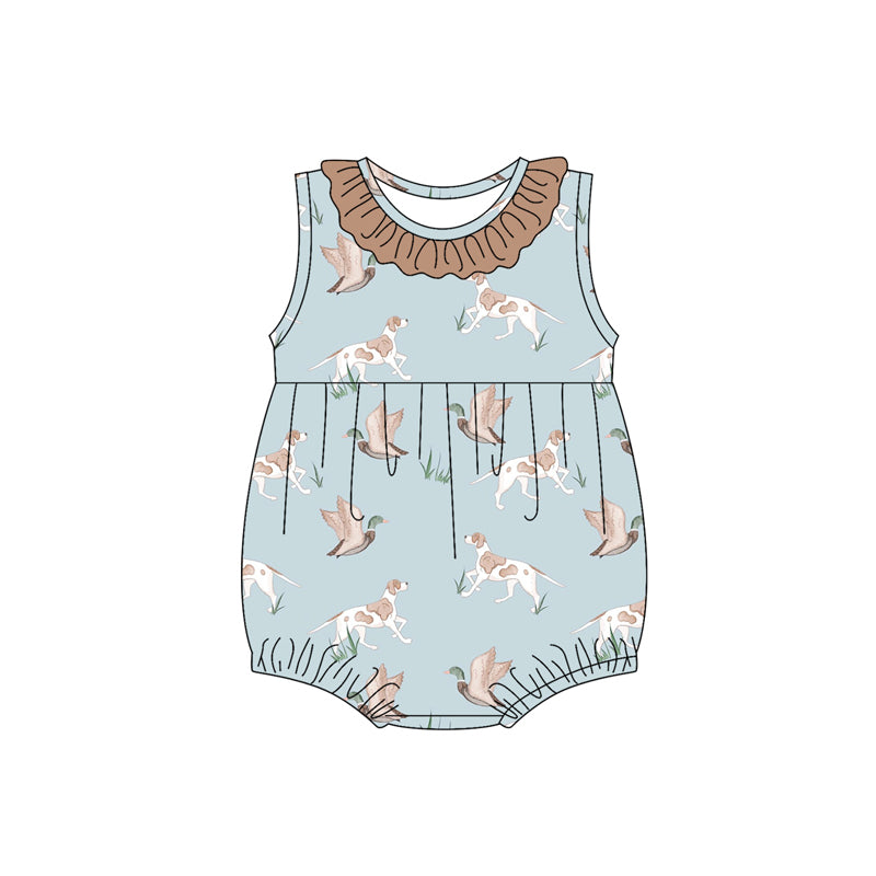 Baby Infant Girls Blue Sleeveless Dogs Ducks Round Collar Ruffle Rompers Preorder