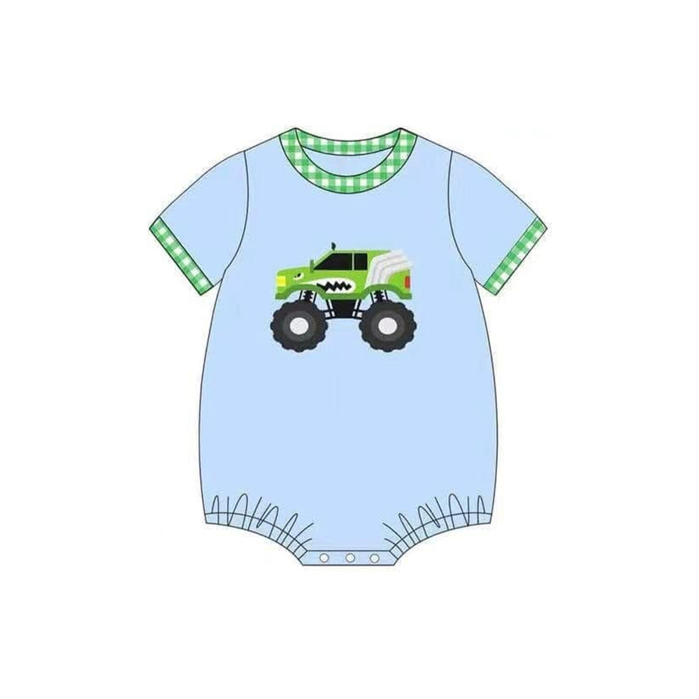 Baby Infant Boys Light Blue Short Sleeves Truck Motor Rompers Preorder