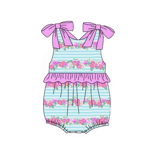 Baby Infant Girls Hot Pink Strap Floral Stripe Ruffle Rompers Preorder