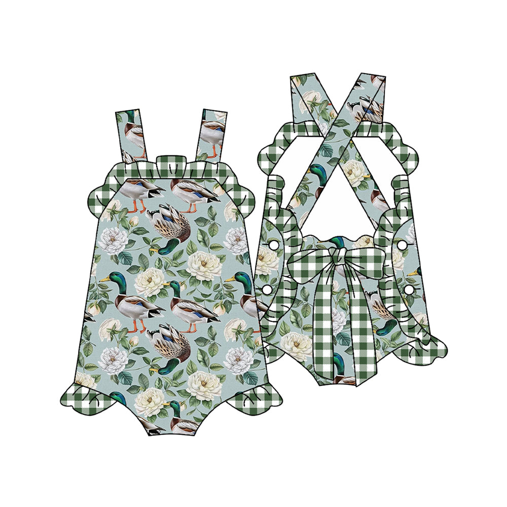 Baby Infant Girls Green Strap Ducks Floral Backless Plaid Bow Ruffle Rompers Preorder