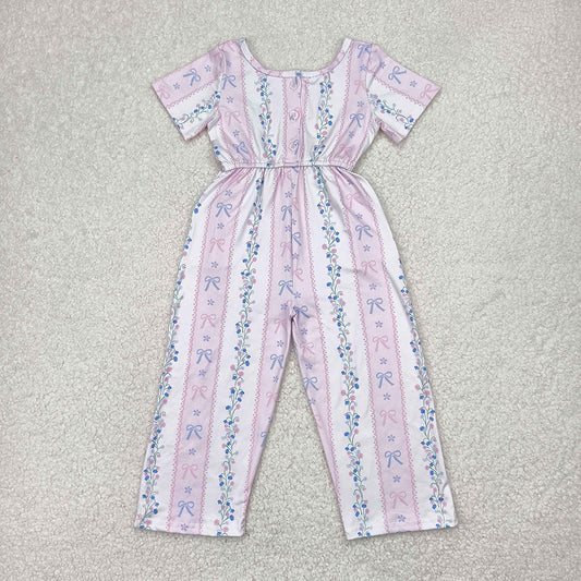 Baby Girls Pink Short Sleeves Bows Floral Pockets Jumpsuits