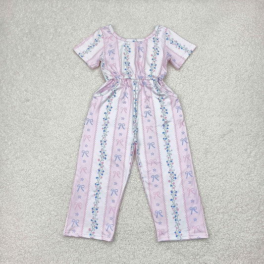 Baby Girls Pink Short Sleeves Bows Floral Pockets Jumpsuits