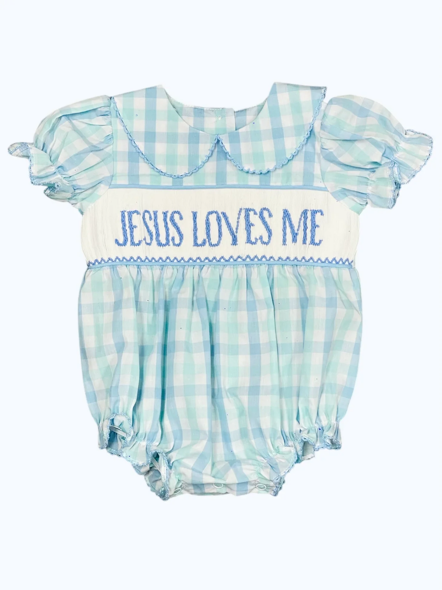 Baby Infant Girls Short Ruffle Sleeves JESUS LOVES ME Blue Plaid Ruffle Rompers Preorder