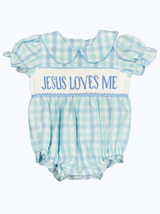 Baby Infant Girls Short Ruffle Sleeves JESUS LOVES ME Blue Plaid Ruffle Rompers Preorder